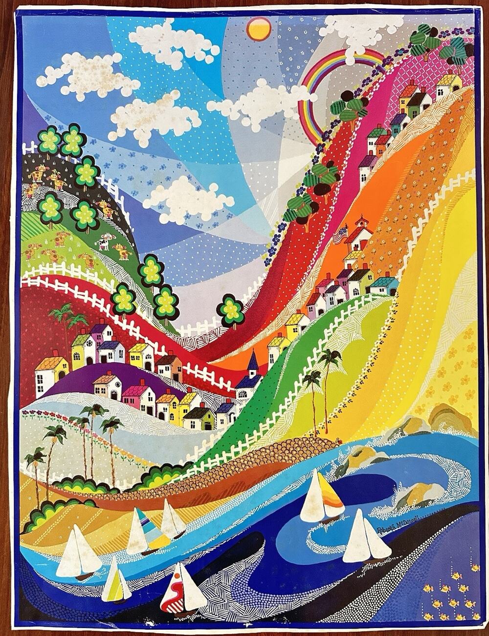 Vintage Roberta McDowell Brea California Sailboats Folk Art Print 18.5x24.5